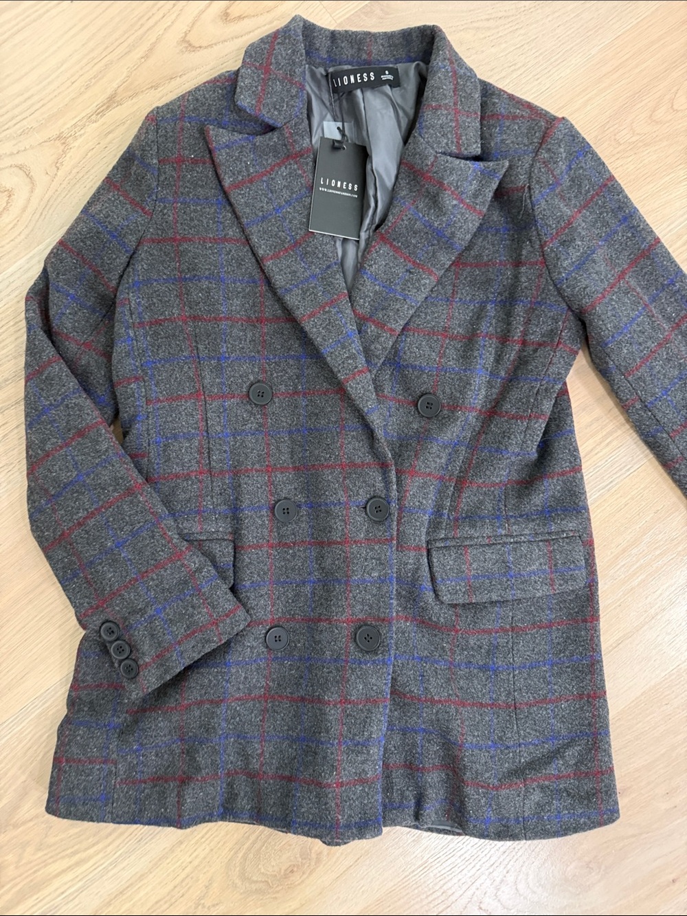 NWT Lioness The Kyra Blazer Plaid Double Breasted Grey Size Small (AU 8)